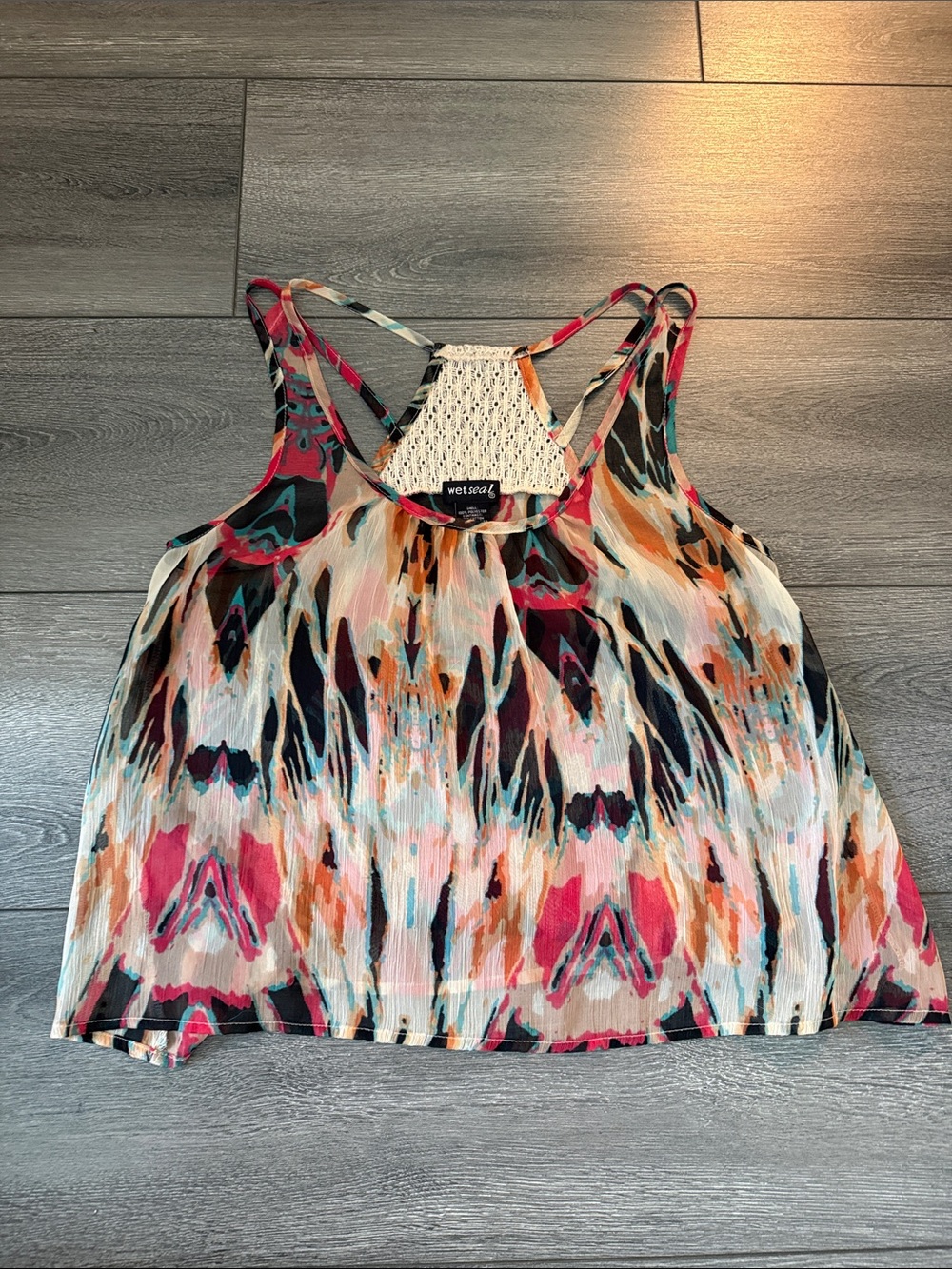 Wet Seal Multicolor Abstract Racerback Tank Top - Pink/Orange/Black/Cream